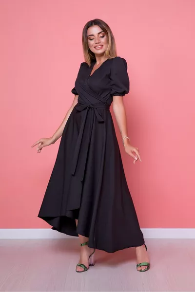 غير متماثلة قطع مزدوجة الصدر طوق قصيرة الأكمام ميدي أسود مساء اللباس