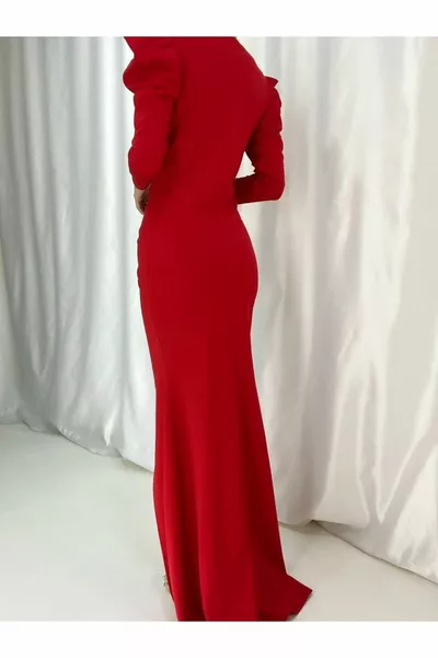 مزدوج الصدر طوق الأميرة طويلة الأكمام التبعي مفصلة شق المستوردة كريب النسيج ماكسي طول مساء اللباس