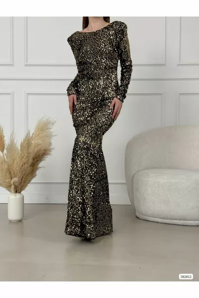 Жените дълъг ръкав брадати целулоза плат обратно ниско нарязани тесни годни дълга риба модел вечерна рокля GOLD