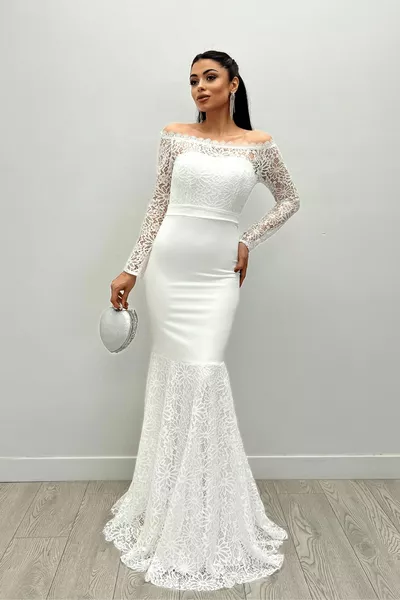 Haut Guipure Dentelle Bas Double Tissu Col Bateau Robe de Soirée - Blanc