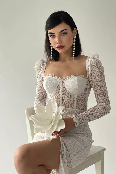 المرأة الدانتيل النسيج الأكمام شفافة جبر تصميم شق مفصلة الأبيض ميدي مساء اللباس 