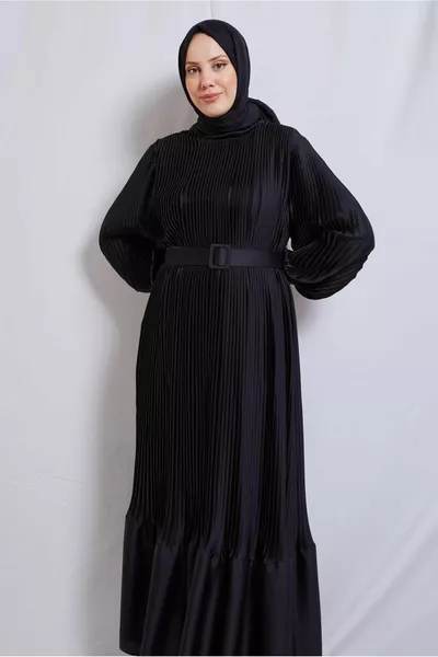 ROBE DE SOIRÉE PLISSÉE CEINTURÉE NOIRE FEMME T 