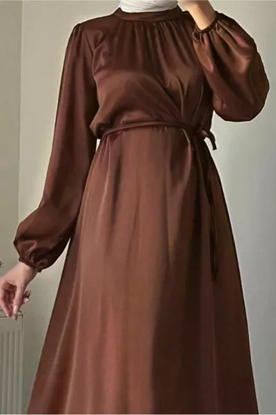 Abito da sera donna in raso con cintura marrone T 