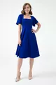 Manches Femme Sax Bleu Flexible Tissu Crêpe Scuba Col Carré Longueur Midi Robe de Soirée 