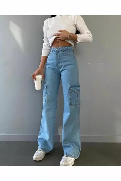 مزاج واسع الساق الأزرق الحلو جيب البضائع Palazzo جينز