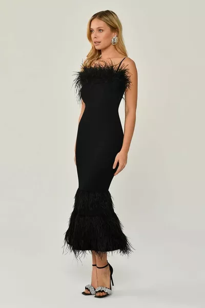 Women's Rope Strap Chest And Skirt Feathered Fish Midi Black Evening Dress & Graduation Dress -black