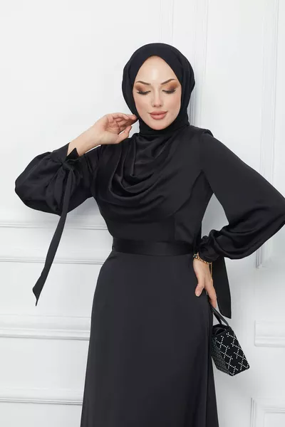 Черна яка подробни ръкав вратовръзка сатен вечерна рокля