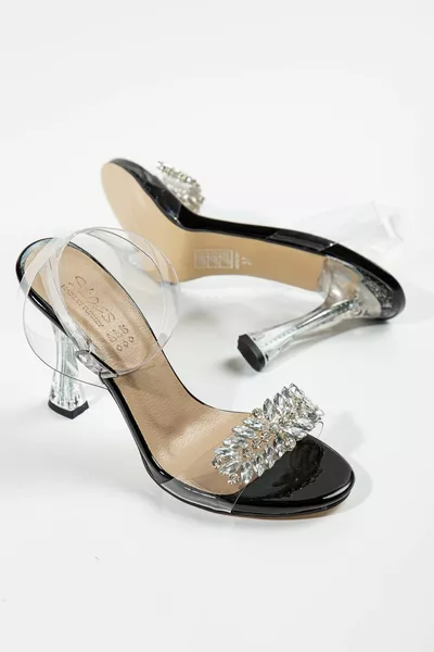 حجر شفاف نسائي مطرز بكعب عالي نحيف أسود SIDE STONE 7