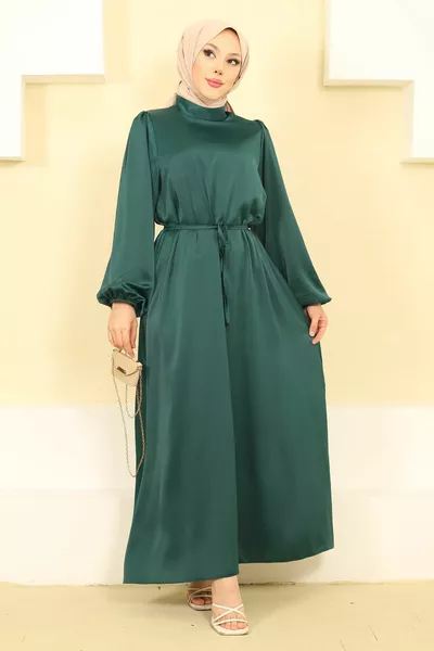 Изумрудено зелена доминираща яка балон ръкав Сатенени вечерни рокли