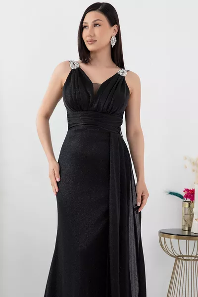 Рамо камък детайл блясък вечерна рокля 