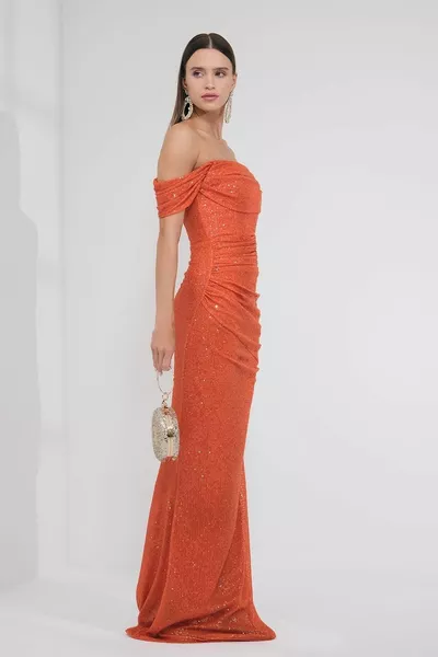 Robe de soirée à paillettes à manches ballon orange pour femme 