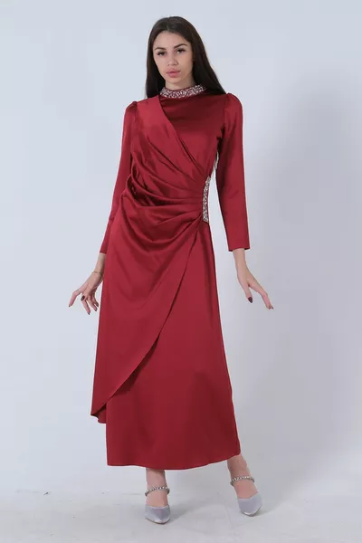 Waist and Collar Stone Embroidered Slit Detailed Hijab Dress Burgundy 
