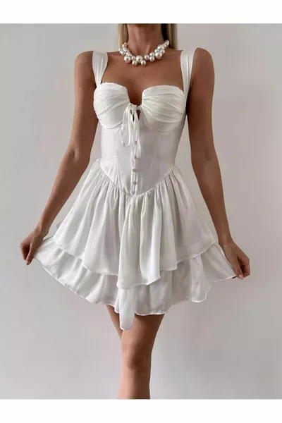 Дамска вечерна рокля, дебела каишка корсет, поглед, бутон детайл на предната мини вечерна рокля & дипломиране рокля