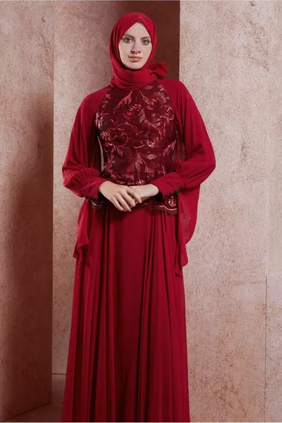 Burgunderfarbenes besticktes Pailletten-Chiffon-Abendkleid für Damen 