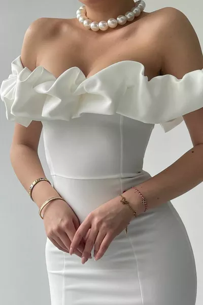 Femme Atlas Tissu Col À Volants Design Mini Robe De Soirée Blanche 