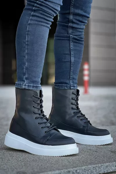  Черная кожа Высокая белая подошва Почтовые сапоги на шнуровке