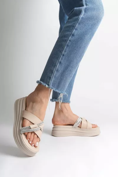 RUBY Flat Heels Stone Cross Stripe Дебела и ортопедична подметка Дамски чехли KT Cream