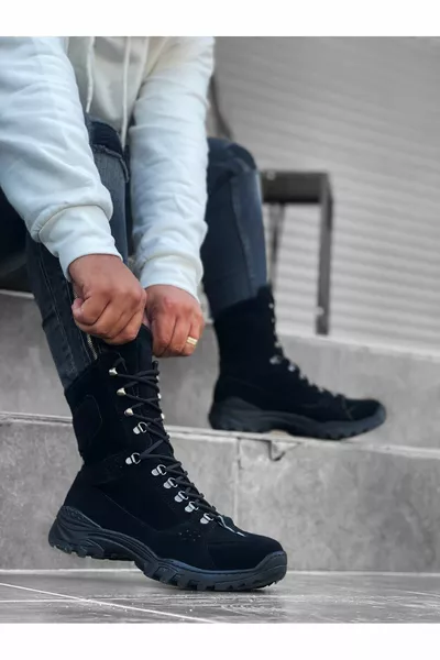  Черные замшевые военные почтовые сапоги на шнуровке