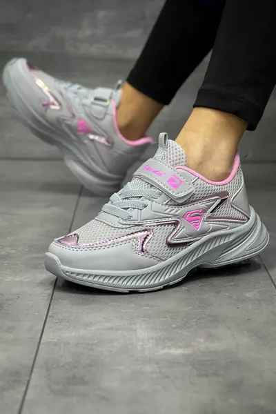 أطفال رمادي الوردي الدانتيل متابعة واحدة الفيلكرو مرنة خفيفة الوزن تنفس للجنسين شبكة أحذية رياضية أحذية رياضية