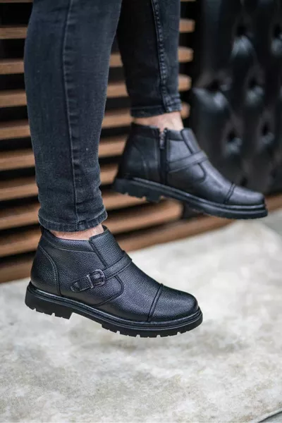 Heren Zwarte Gesp Leer Casual Comfortabele Orthopedische Laarzen 