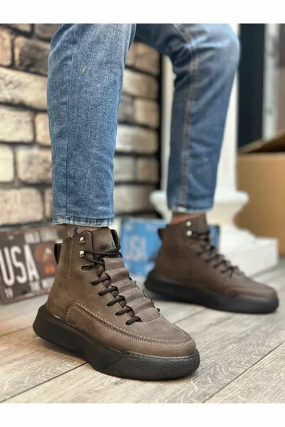  حذاء رياضي بني عالي النعل للرجال مع أربطة مخفية