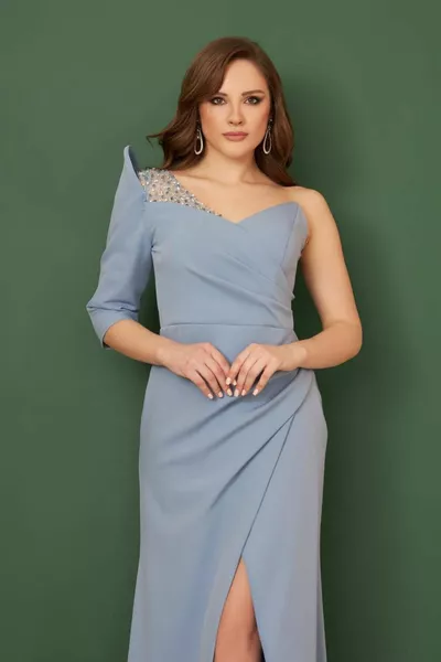 كريب نيلي واحد الكتف طويل مساء اللباس ودعوة اللباس