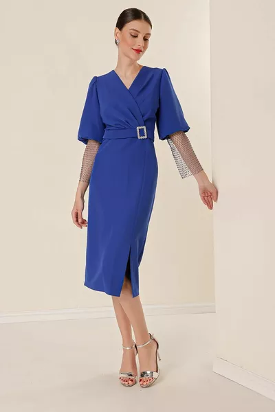 مزدوج الصدر طوق الخصر مشبك شبكة حبة مفصلة بالون الأكمام واسعة الحجم مجموعة اللباس Saks