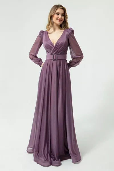 المرأة الخزامى مزدوج الصدر طوق بريق طويل فستان سهرة واسعة