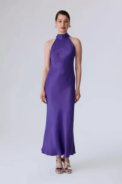 Halter Neck Evening Dress - Purple