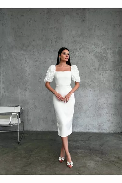 الكتف مفصلة لؤلؤة مربع الرقبة الأبيض ميدي طول مساء اللباس