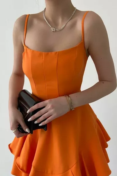 Adjustable Slim Strap Skirt Fold Detailed Orange Dress Orange Engagement Dress 
