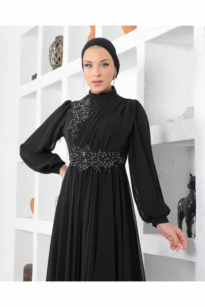 Famelin حجر مطرزة بالون الأكمام الحجاب الشيفون اللباس