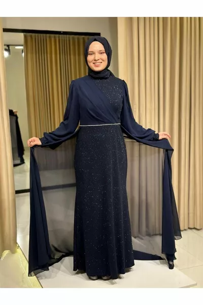 Marineblauwe sterren Dames Chiffon Cape met riem aan de voorkant Patroon Nieuw seizoen stijlvolle avondjurk 