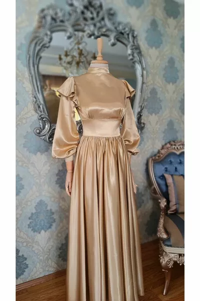 Cappucino Satin, shoulder flounced, ruffled hijab evening dress