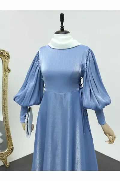 Балон ръкав жакард вечерна рокля с връзки отстрани