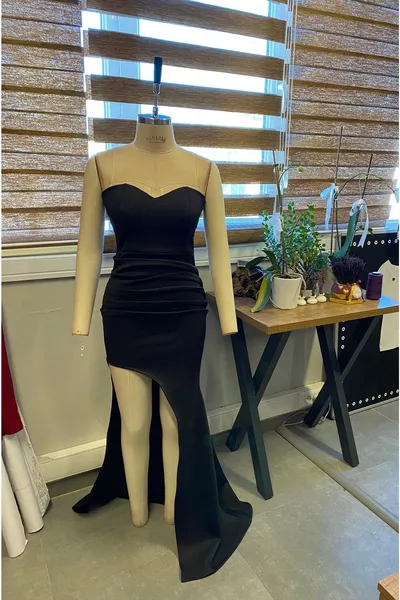 أسود اللون Spalez طوق البطن أضعاف مفصلة الموسم الجديد مرنة النسيج شق فستان طويل  