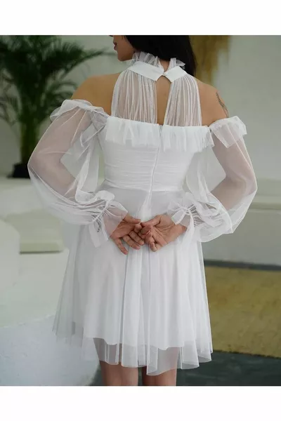 Dames Witte Tule Hals Mouwdetail Gevoerde Tule Korte Avondjurk