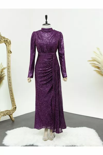 Skirt Drawstring Judge Collar Sequin Sequin Evening Dress