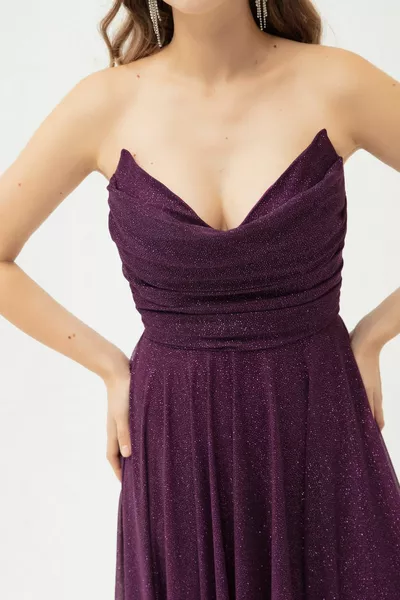 Robe de soirée évasée à paillettes drapée à fente prune pour femme