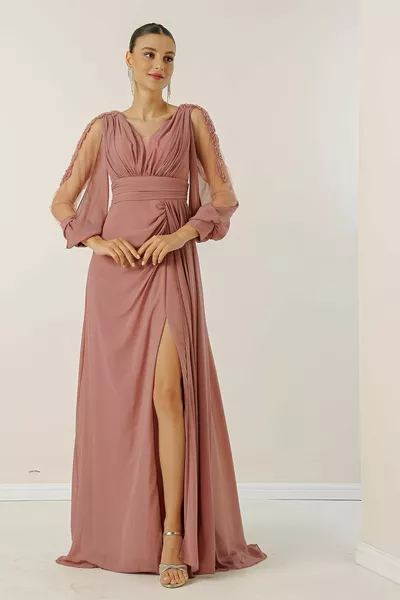 الخامس الرقبة الجبهة رايات الأكمام مبطنة تول جبر مفصلة واسعة الحجم مجموعة الشيفون فستان طويل