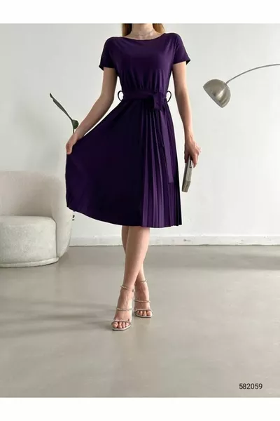 Short Sleeve Belted Skirt Pleated Imported Crepe Fabric Evening Dress Promise Engagement Wedding Graduation