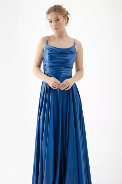 المرأة حزام الحجر الأزرق رايات واسعة قطع فستان مساء طويل