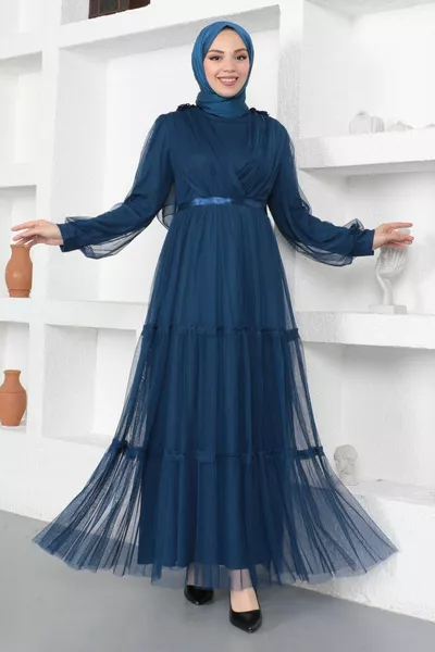 Lace Detailed Tulle Evening Dress Indigo 