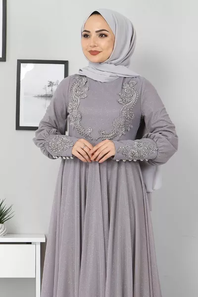 الدانتيل مفصلة بريق مساء اللباس رمادي