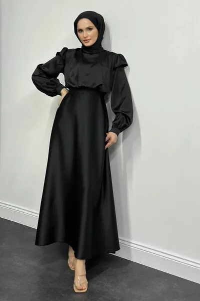 Cera Omzu Fırfır Saten Abiye Siyah