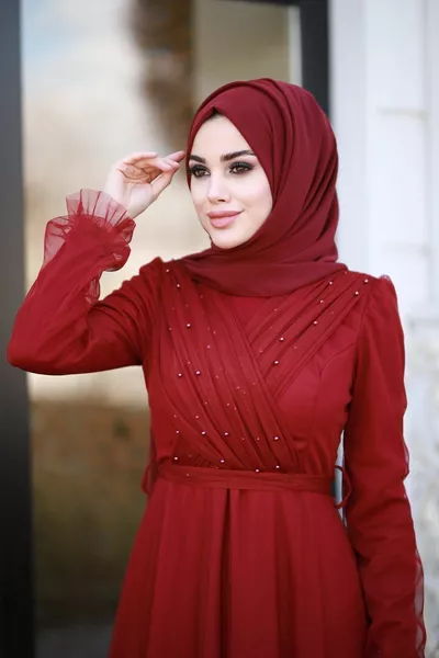 Perlen-Hijab-Abendkleid - Bordeaux