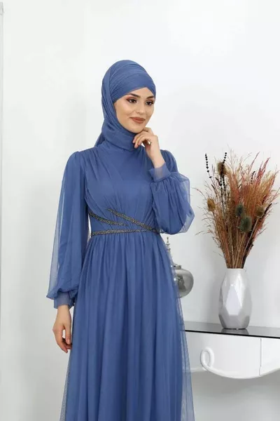 Boncuk Deyatlı aysima Hijab Evening Dress Indigo