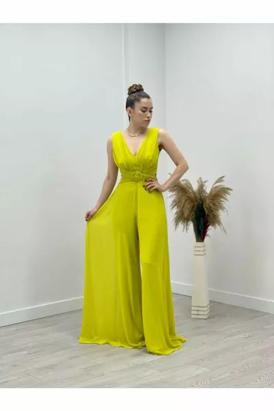 Chiffon Crepe Fabric Jumpsuit Dress Yellow