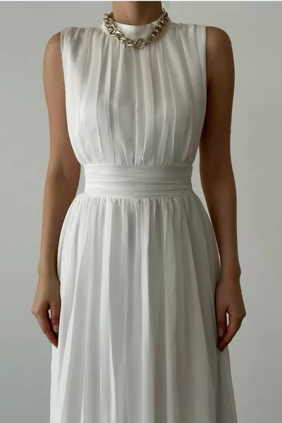 Women's Chiffon Fabric Stand-Up Collar Back Low-Cut Design Sleeveless White Maxi Evening Dress 