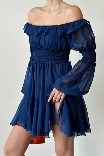 Женское шифоновая ткань Gipe Design Воротник без бретелек Длинный рукав Мини темно-синее вечернее платье 